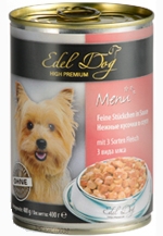 Консервы для взрослых собак Edel Dog нежные кусочки в соусе, три вида мяса, 400 г