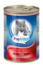Консервированный корм для взрослых кошек PreVital с говядиной и печенью в желе 415 г