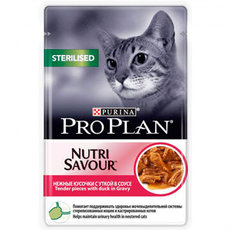 Консервированный корм для стерилизованных кошек и кастрированных котов, Pro Plan Nutrisavour Sterilised Adult с уткой в соусе
