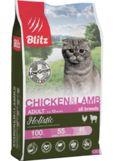 Низкозерновой корм для взрослых кошек всех пород курица и ягненок Blitz Holistic Chicken & Lamb Cat All Breeds (Low Grain)