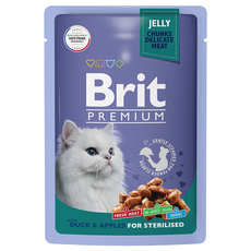 Влажный корм премиум класса для взрослых стерилизованных кошек Brit Premium утка с яблоками в желе 85гр