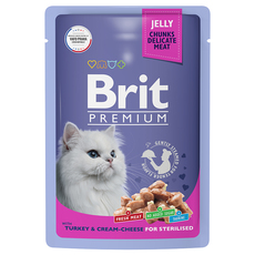 Влажный корм премиум класса для взрослых стерилизованных кошек Brit Premium индейка с крем-сыром в желе 85гр